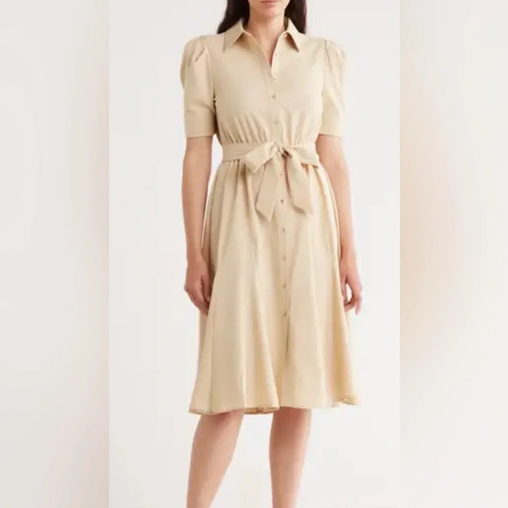 Nanette Lepore belted button front shirt dress in warm sand color midi - Picture 2 of 5